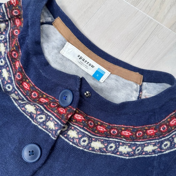 Anthropologie Sparrow Navy Knit Cardigan with Red and Cream Folk Trim Size S - Picture 7 of 11
